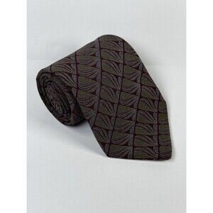 Barneys New York Silk Tie Made in Italy Art Deco Geometric Olive Burgundy Retro